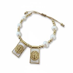 Saint Benedict adjustable bracelet freshwater pearls gold plated beads